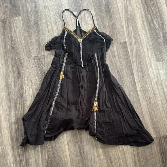 Free People Black and Gold Mini Dress Chiffon Asymmetric Boho Embroidered - Picture 2 of 8